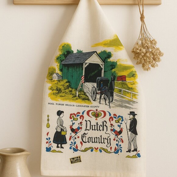 Vintage Kay Dee Dutch Country Amish Scene Linen Tea Towel • 1970s USA NWT - Picture 1 of 5